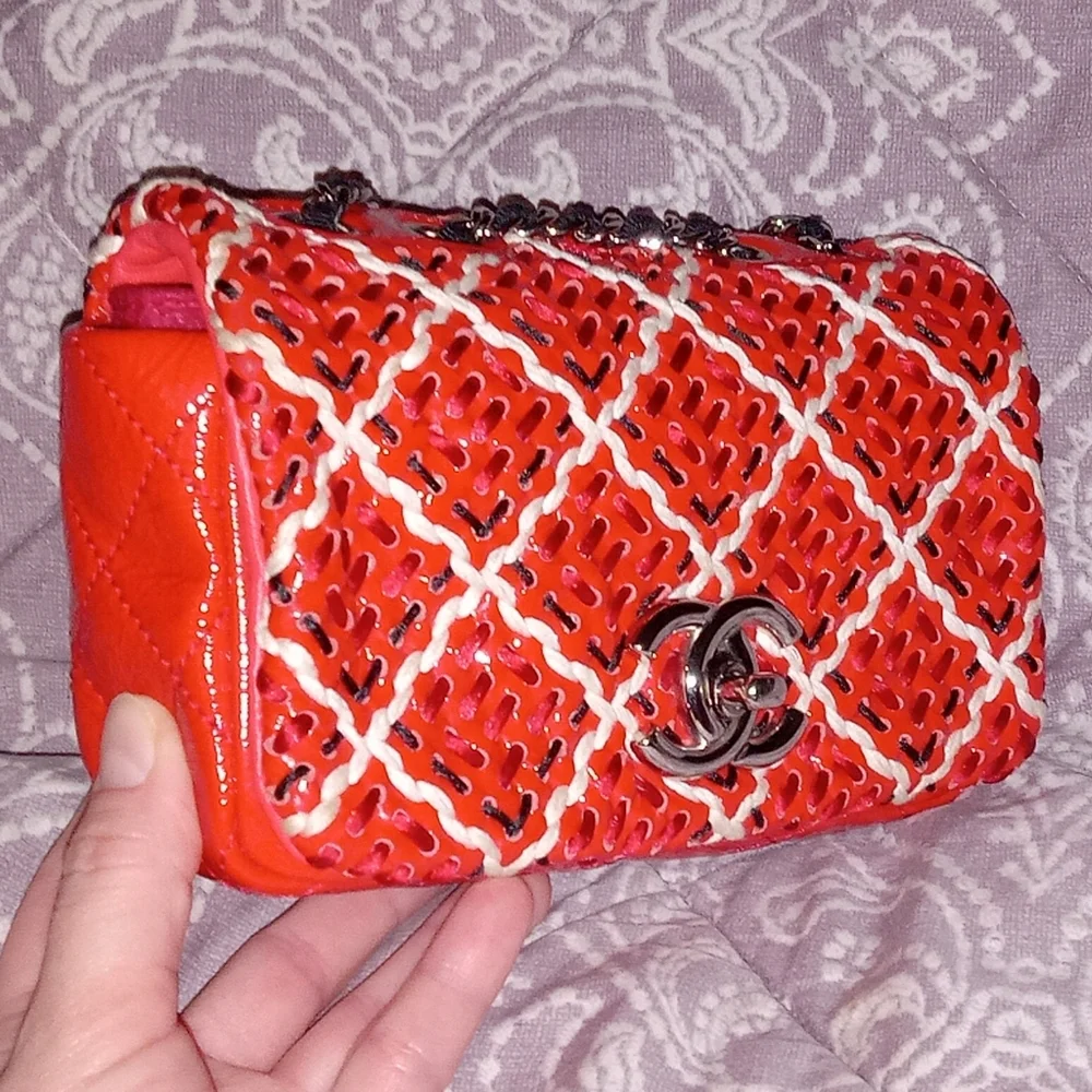 RARE Chanel Red Mini Patent Leather Woven Stitch Tweed Flap Bag